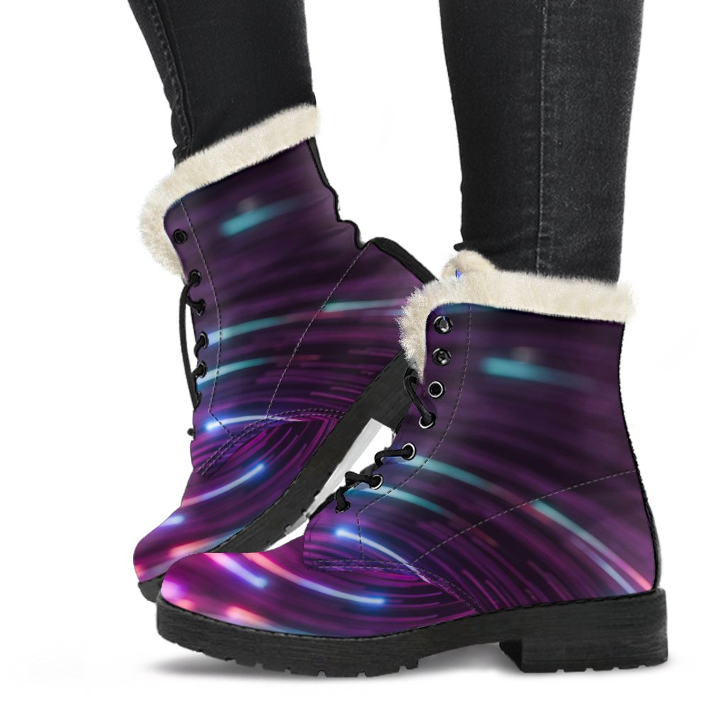 Vortex Twist Swirl Purple Neon Print Faux Fur Leather Boots-JTAMIGO.COM