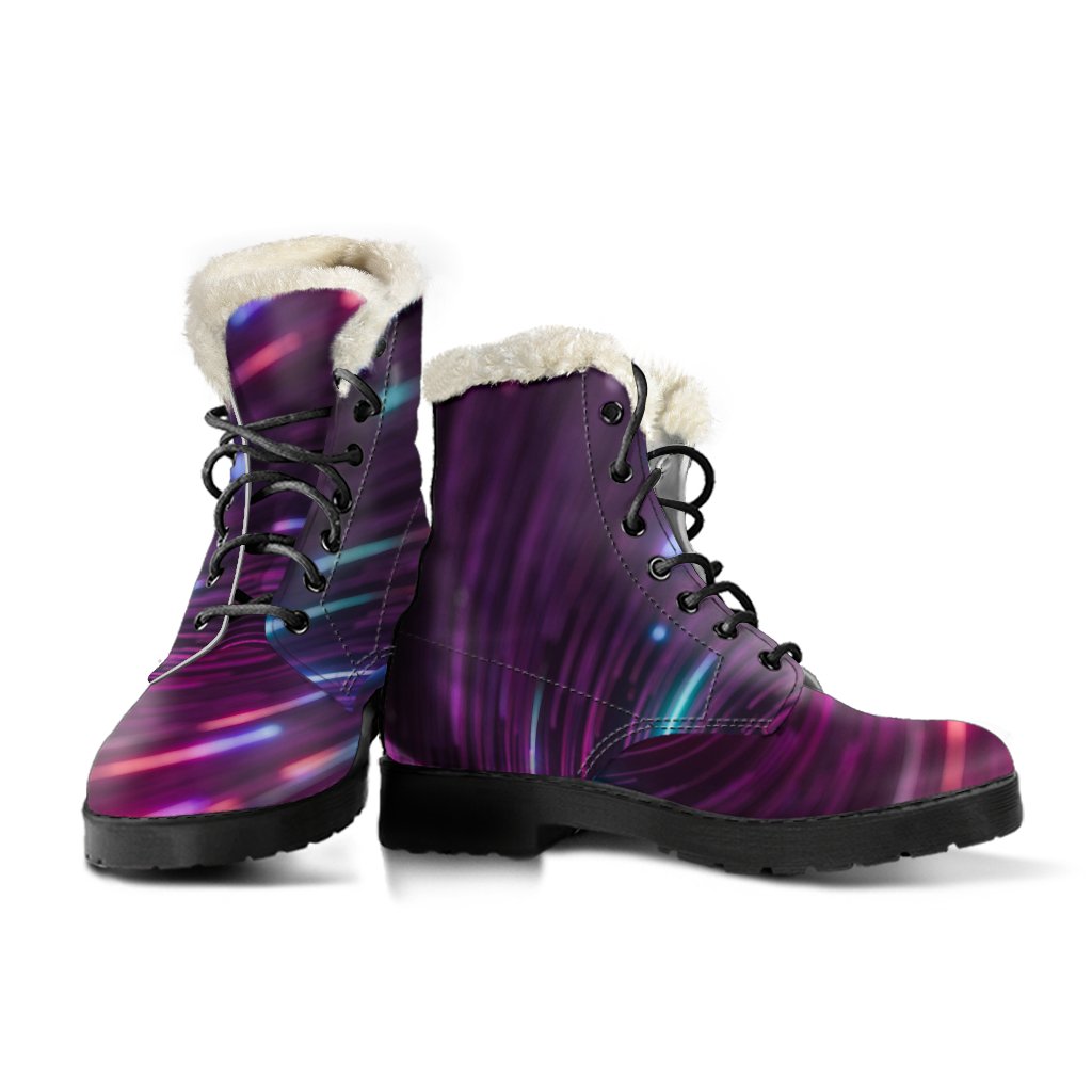 Vortex Twist Swirl Purple Neon Print Faux Fur Leather Boots-JTAMIGO.COM
