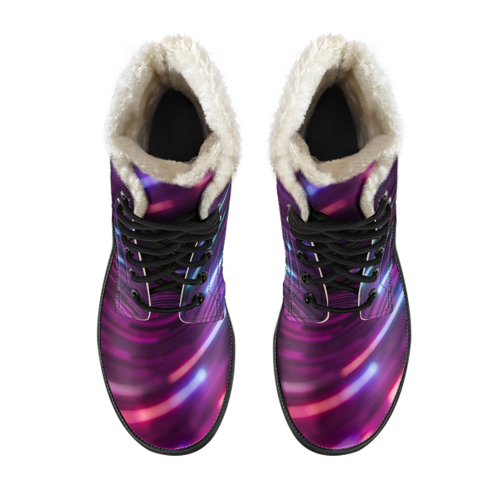 Vortex Twist Swirl Purple Neon Print Faux Fur Leather Boots-JTAMIGO.COM