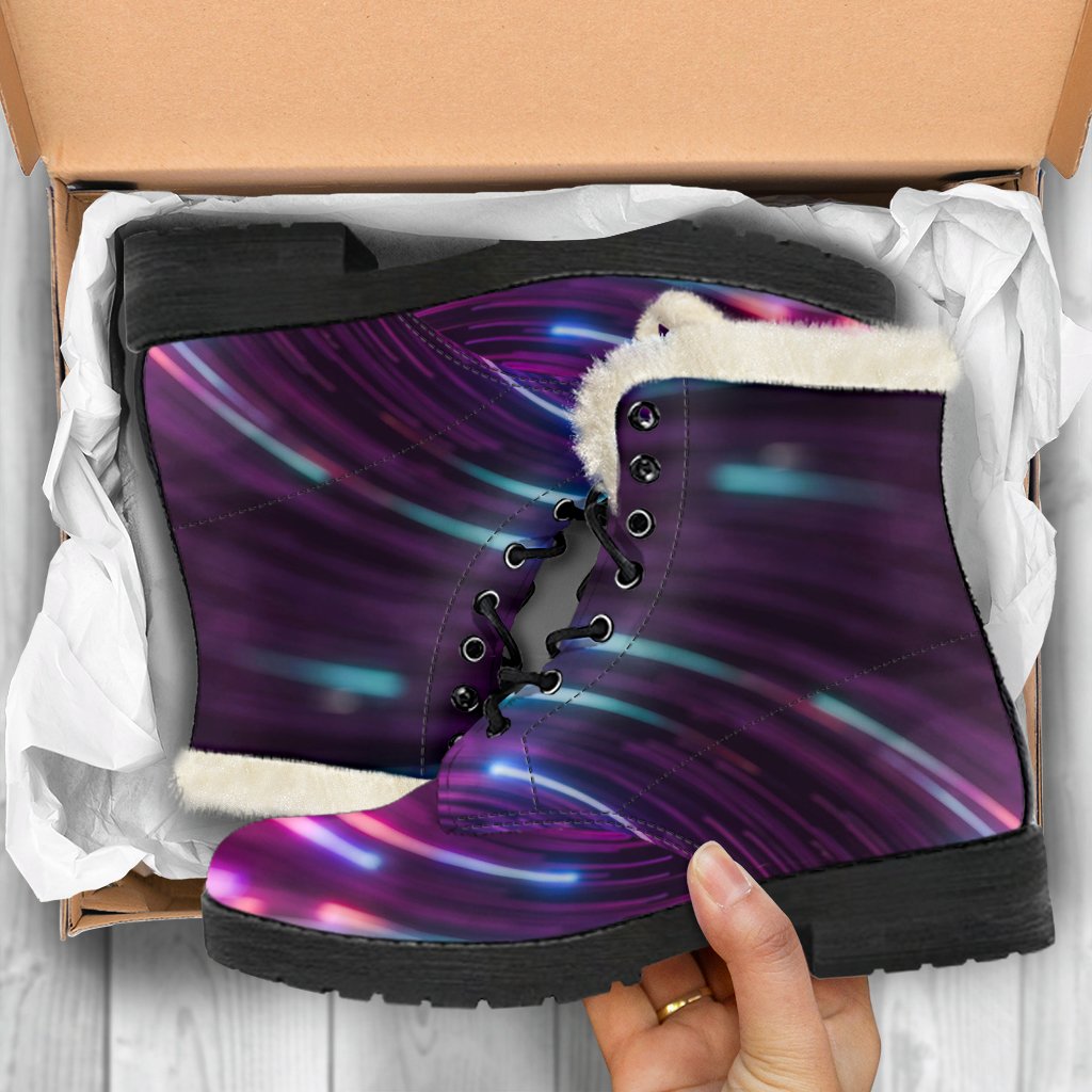 Vortex Twist Swirl Purple Neon Print Faux Fur Leather Boots-JTAMIGO.COM