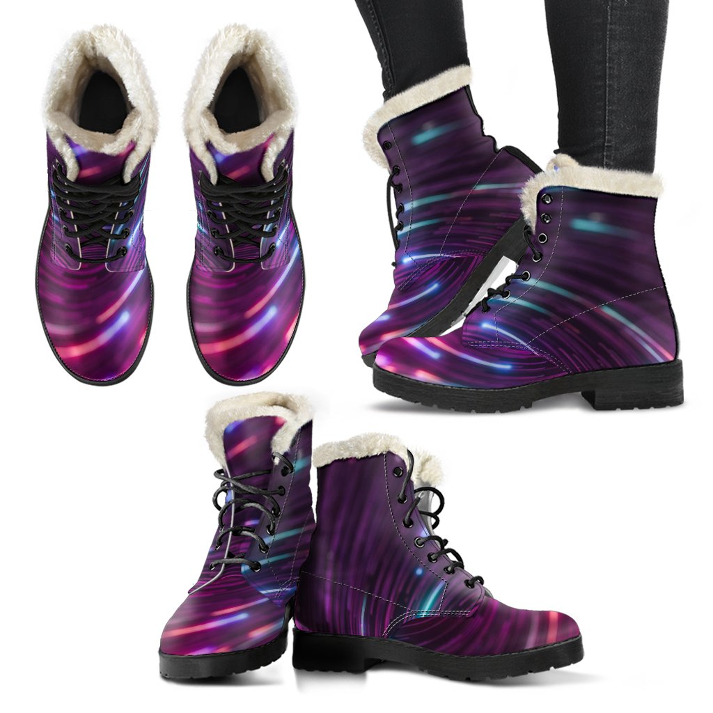Vortex Twist Swirl Purple Neon Print Faux Fur Leather Boots-JTAMIGO.COM