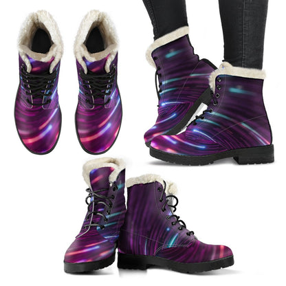 Vortex Twist Swirl Purple Neon Print Faux Fur Leather Boots-JTAMIGO.COM