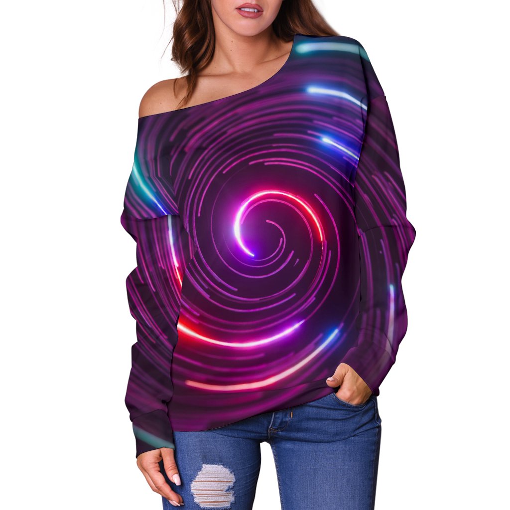 Vortex Twist Swirl Purple Neon Print Off Shoulder Sweatshirt