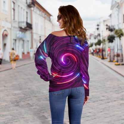 Vortex Twist Swirl Purple Neon Print Off Shoulder Sweatshirt