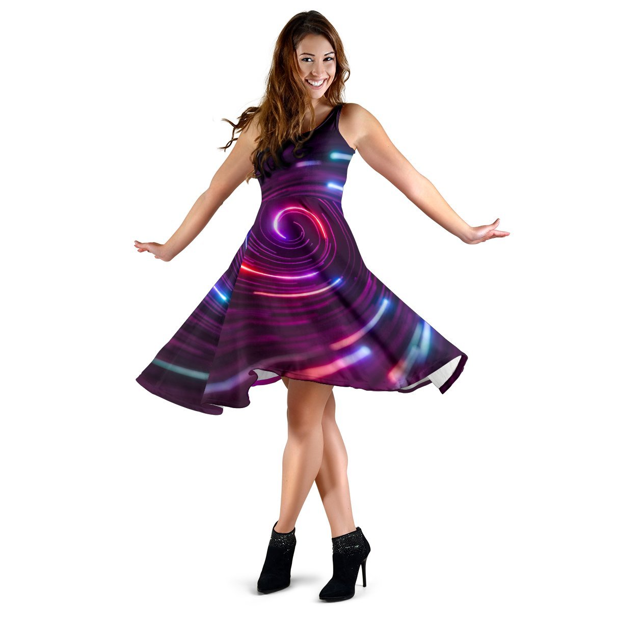 Vortex Twist Swirl Purple Neon Print Sleeveless Dress
