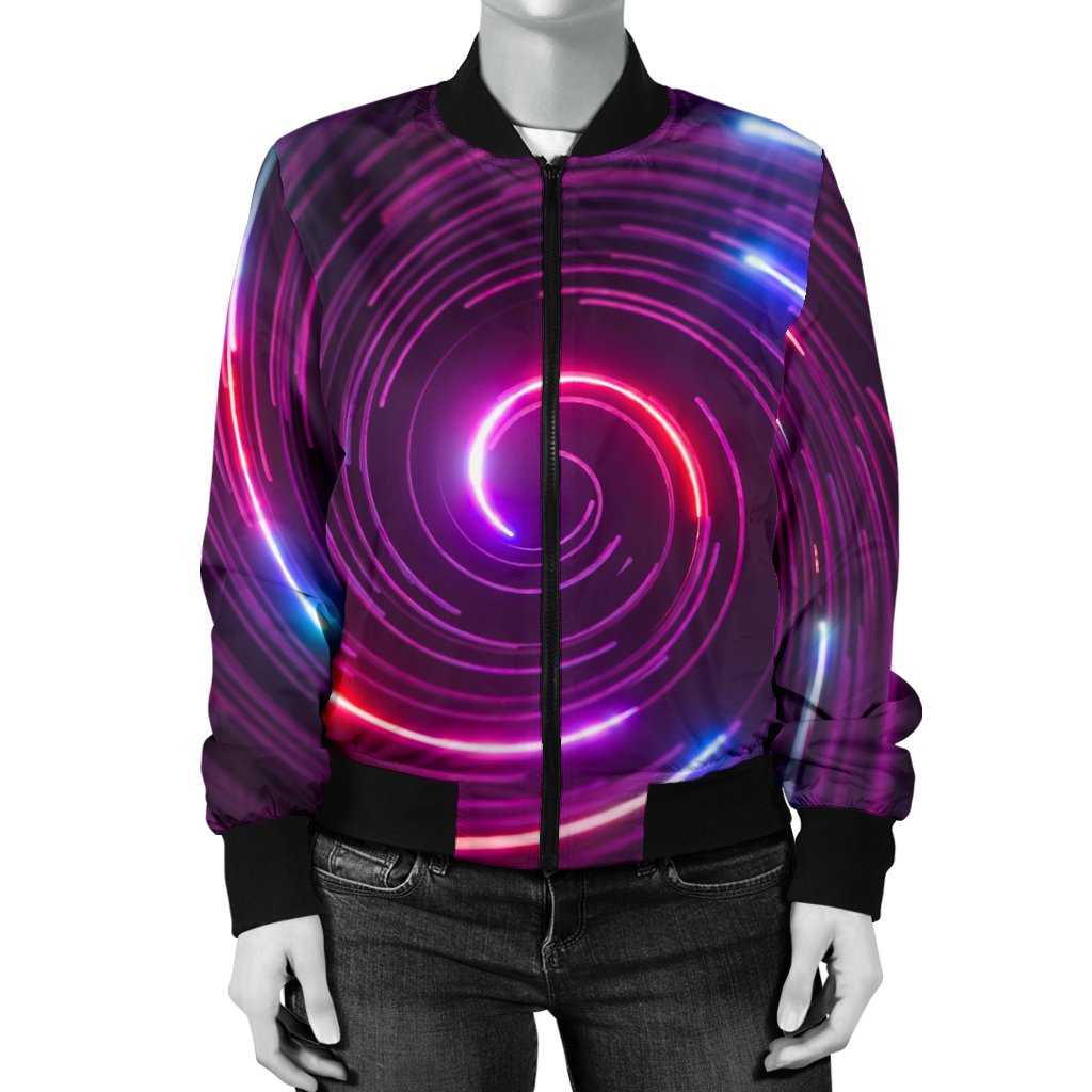 Vortex Twist Swirl Purple Neon Print Women Casual Bomber Jacket