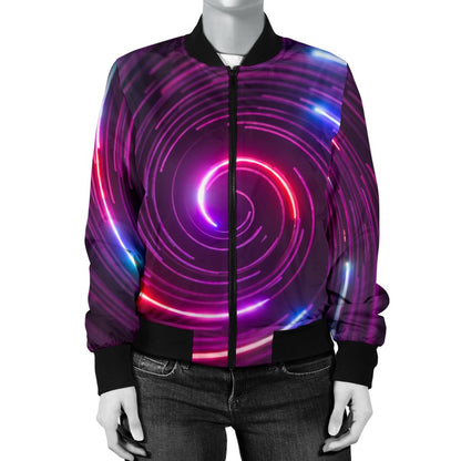 Vortex Twist Swirl Purple Neon Print Women Casual Bomber Jacket