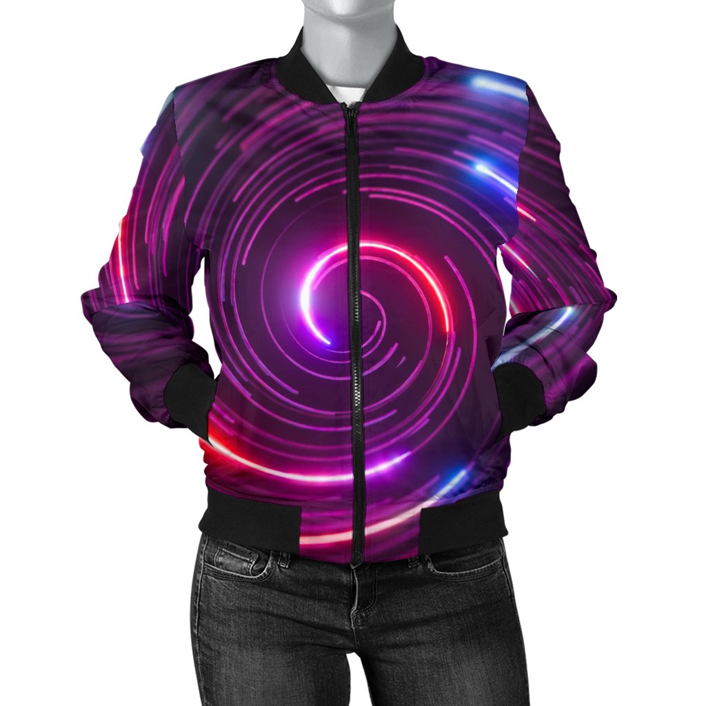 Vortex Twist Swirl Purple Neon Print Women Casual Bomber Jacket