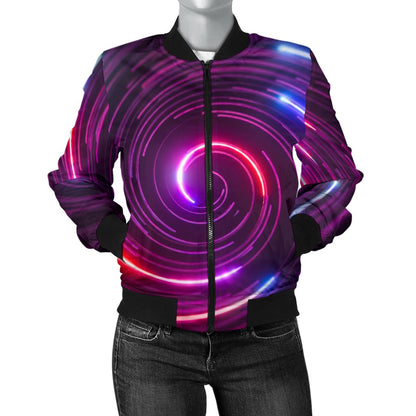 Vortex Twist Swirl Purple Neon Print Women Casual Bomber Jacket