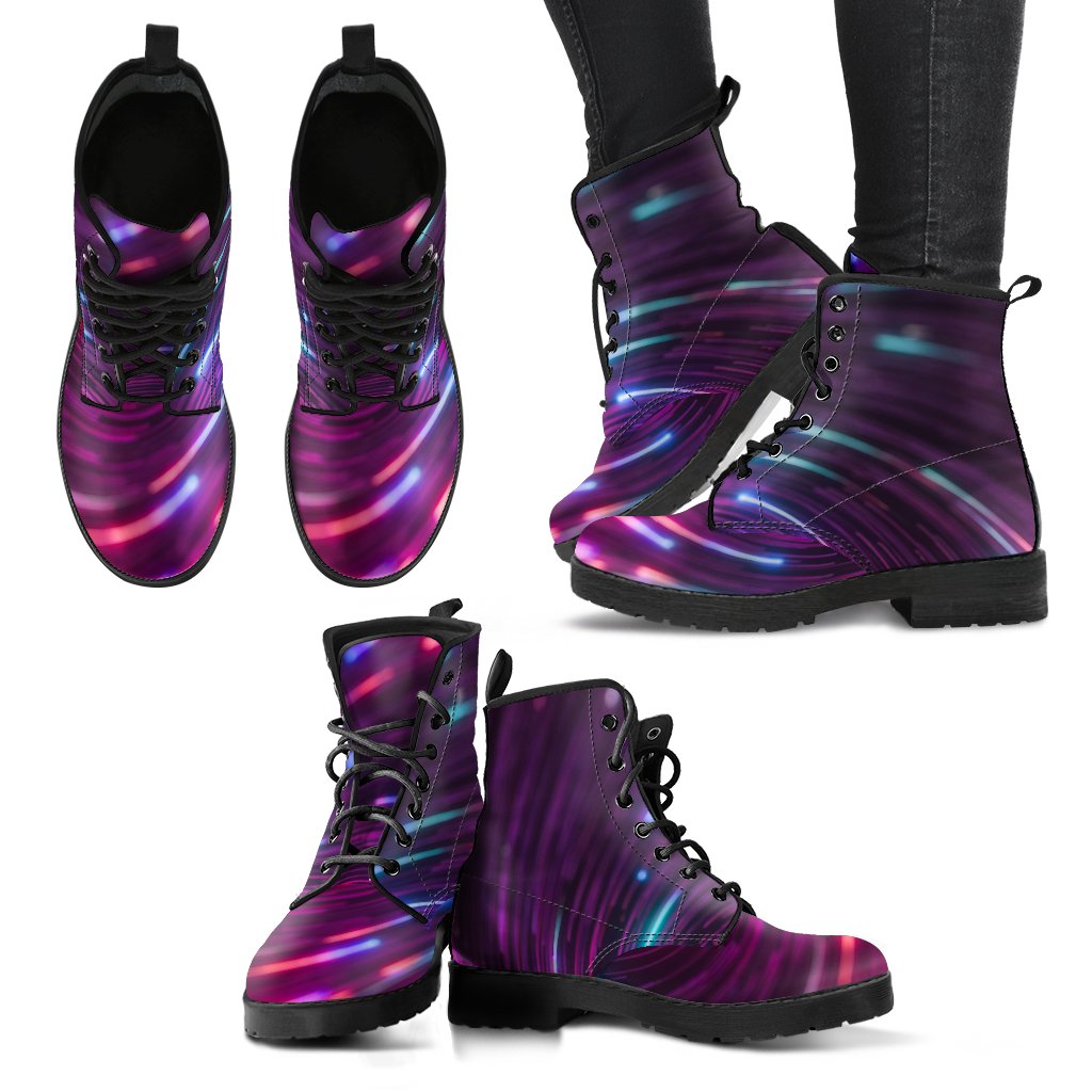 Vortex Twist Swirl Purple Neon Print Women Leather Boots-JTAMIGO.COM