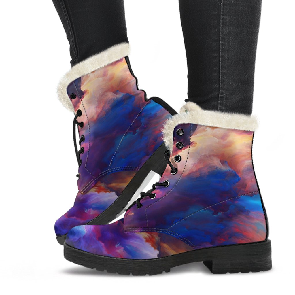 Vortex Twist Swirl Water Color Design Faux Fur Leather Boots-JTAMIGO.COM