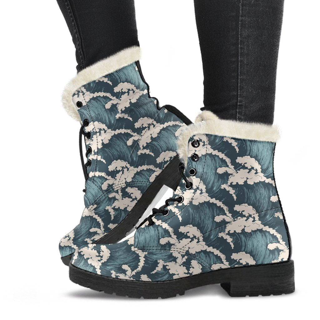 Wave Art Print Faux Fur Leather Boots-JTAMIGO.COM