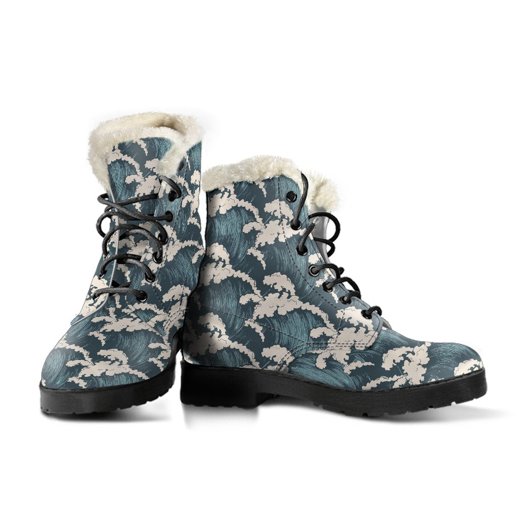 Wave Art Print Faux Fur Leather Boots-JTAMIGO.COM