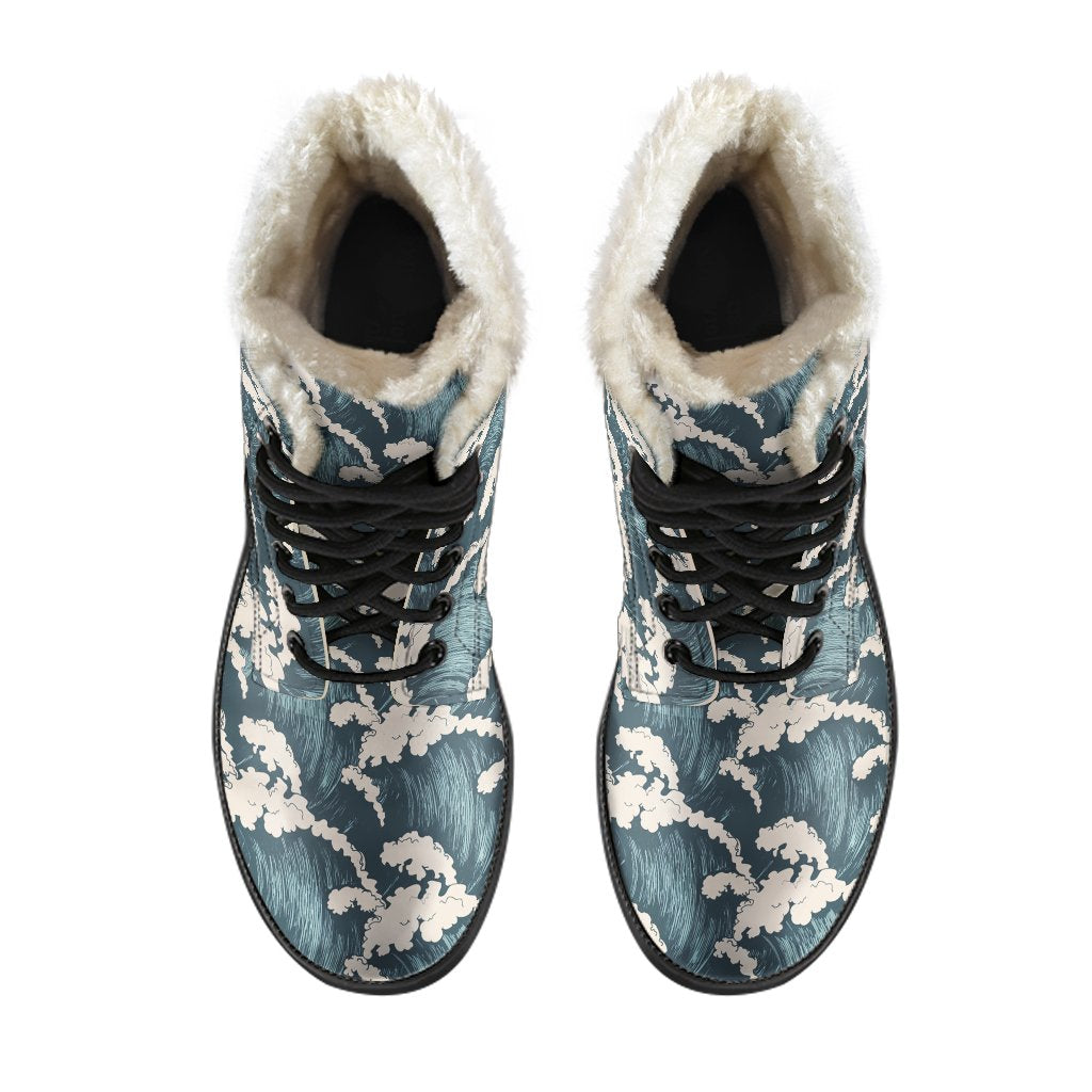 Wave Art Print Faux Fur Leather Boots-JTAMIGO.COM