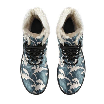 Wave Art Print Faux Fur Leather Boots-JTAMIGO.COM