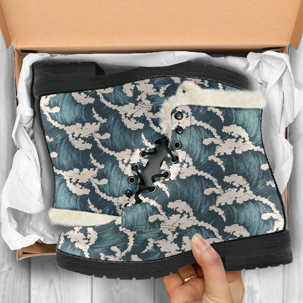 Wave Art Print Faux Fur Leather Boots-JTAMIGO.COM