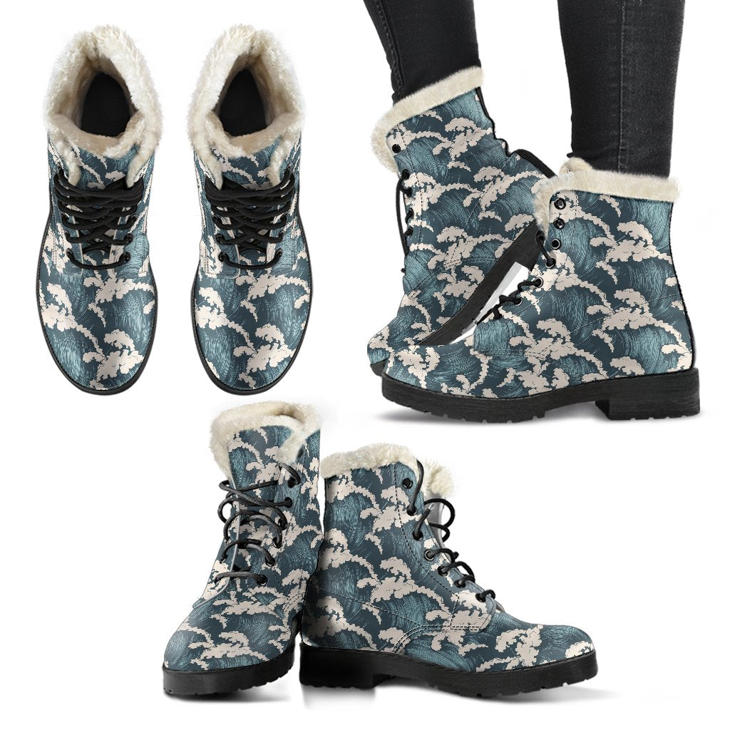 Wave Art Print Faux Fur Leather Boots-JTAMIGO.COM