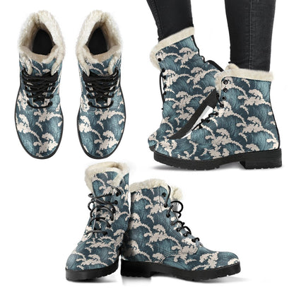 Wave Art Print Faux Fur Leather Boots-JTAMIGO.COM