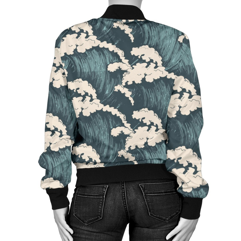 Wave Art Print Women Casual Bomber Jacket