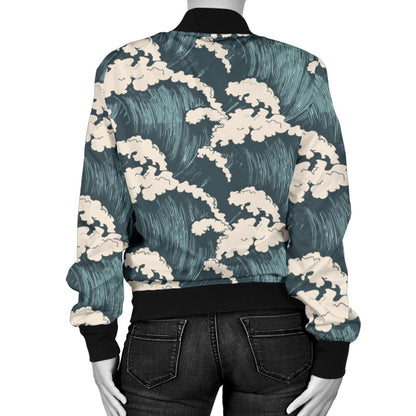 Wave Art Print Women Casual Bomber Jacket