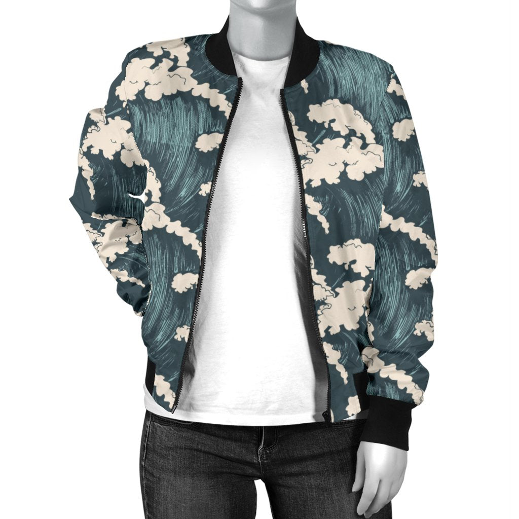 Wave Art Print Women Casual Bomber Jacket