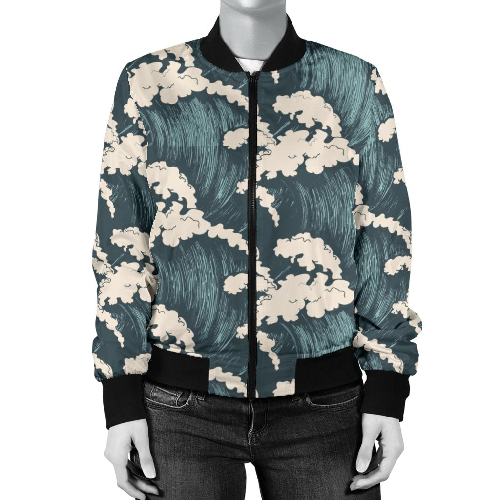 Wave Art Print Women Casual Bomber Jacket
