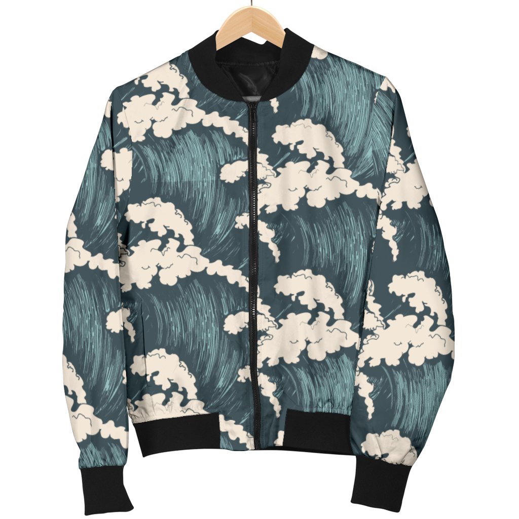 Wave Art Print Women Casual Bomber Jacket