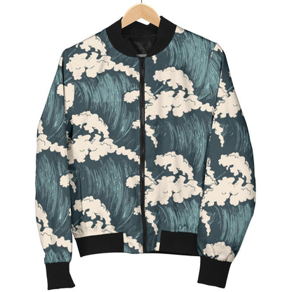 Wave Art Print Women Casual Bomber Jacket