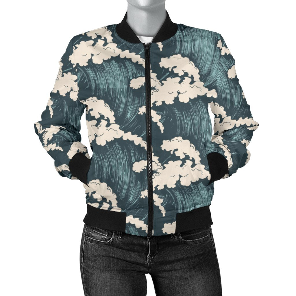 Wave Art Print Women Casual Bomber Jacket
