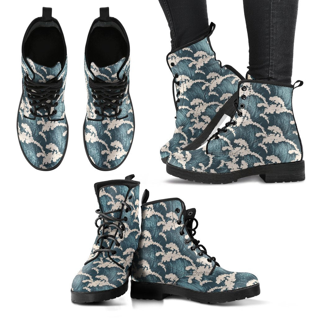 Wave Art Print Women Leather Boots-JTAMIGO.COM