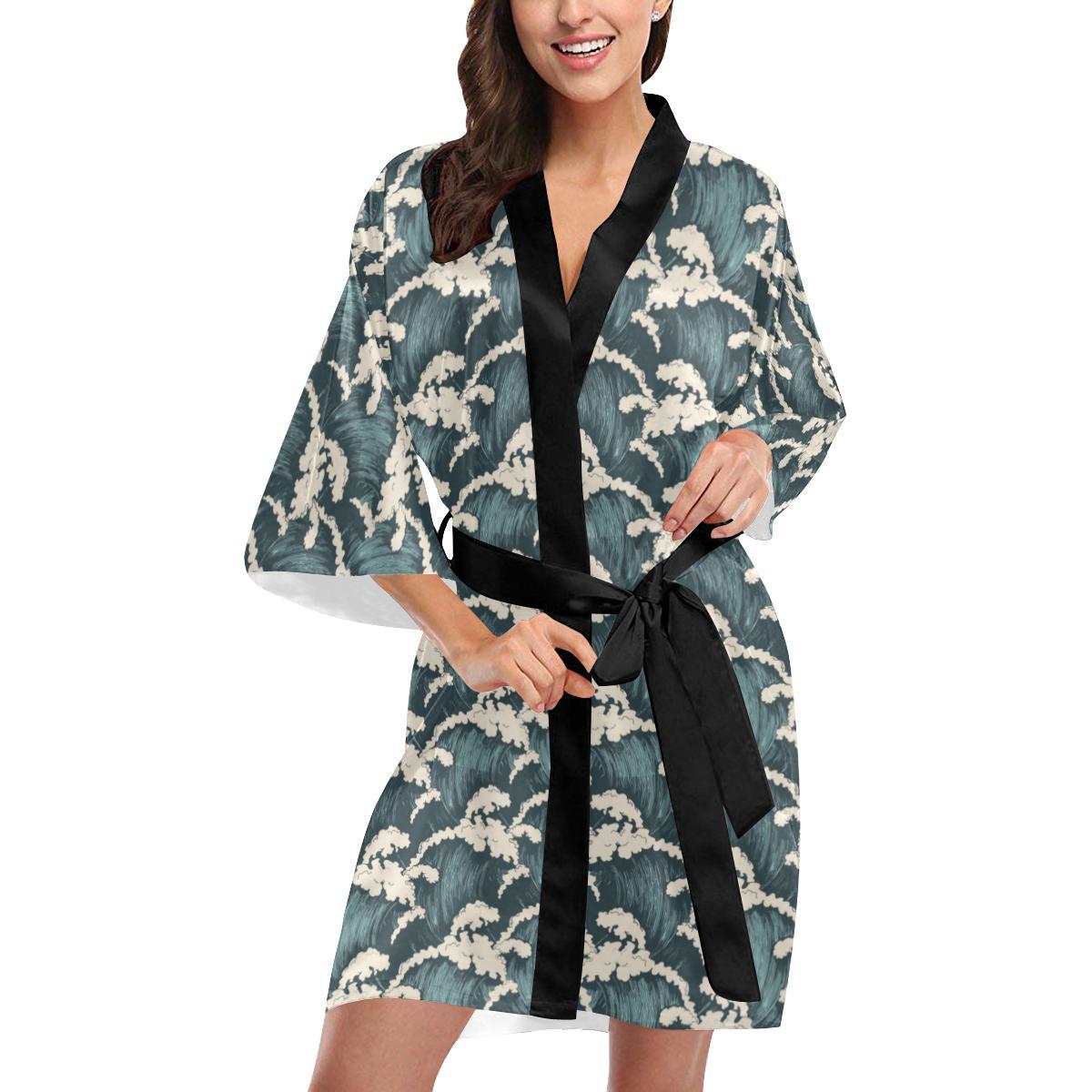 Wave Art Print Women Short Kimono Robe
