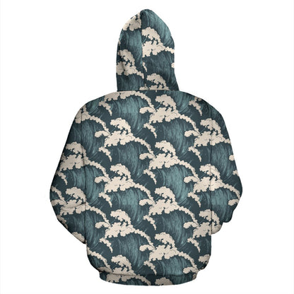 Wave Art Print Zip Up Hoodie