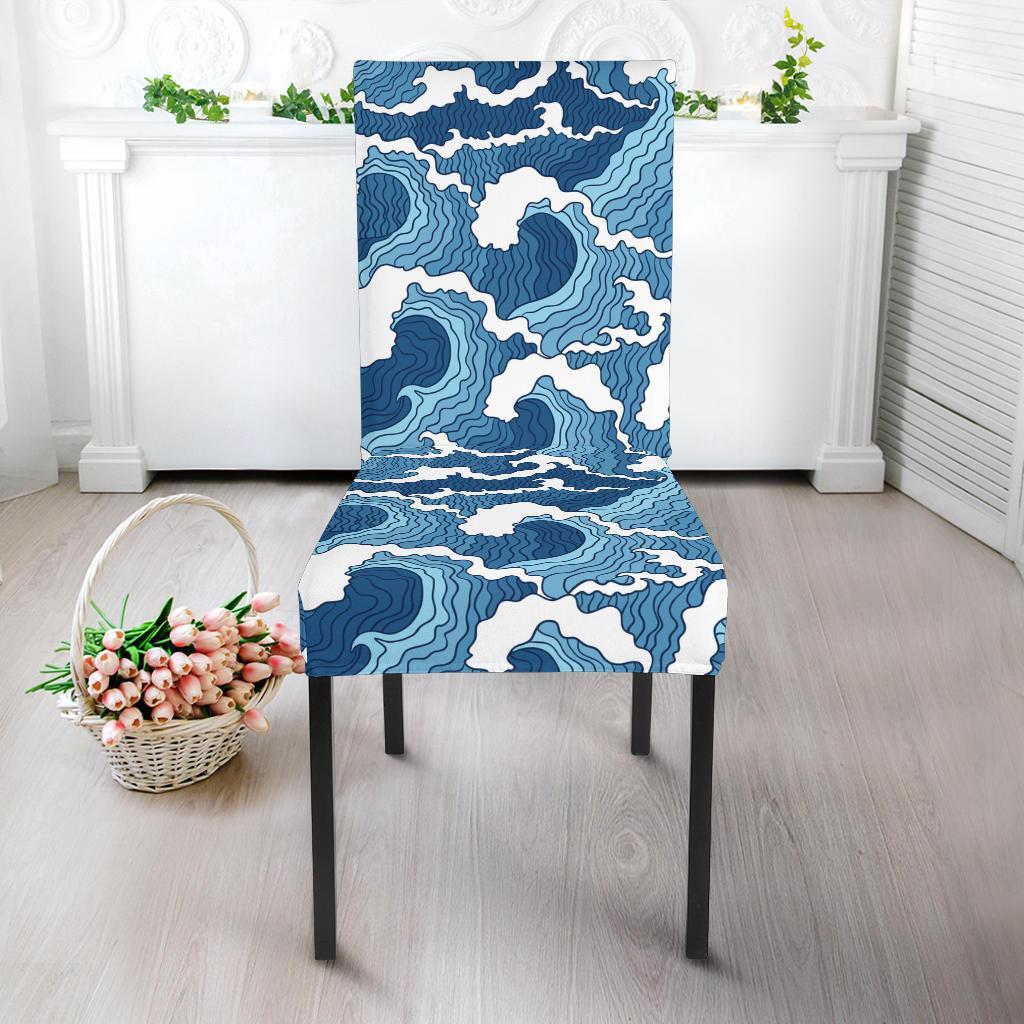 Wave Themed Pattern Print Dining Chair Slipcover-JTAMIGO.COM