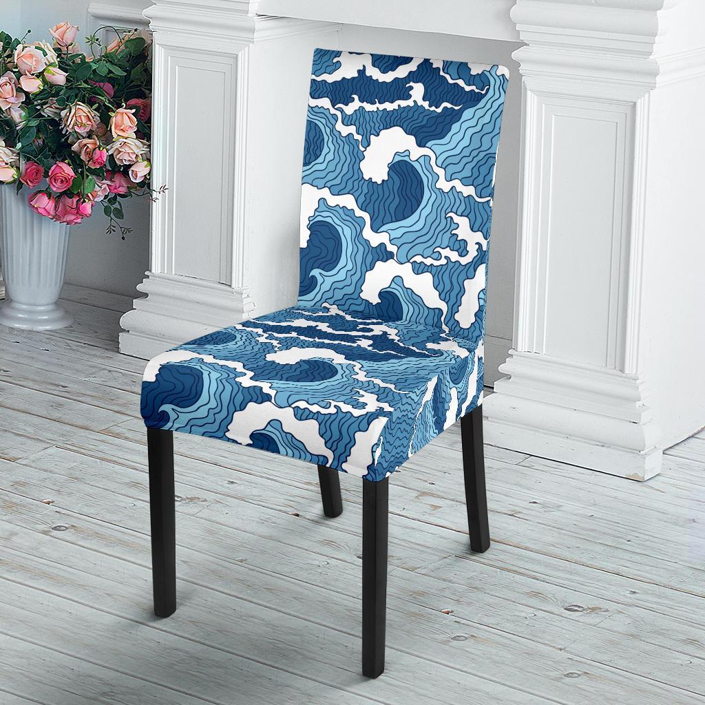 Wave Themed Pattern Print Dining Chair Slipcover-JTAMIGO.COM