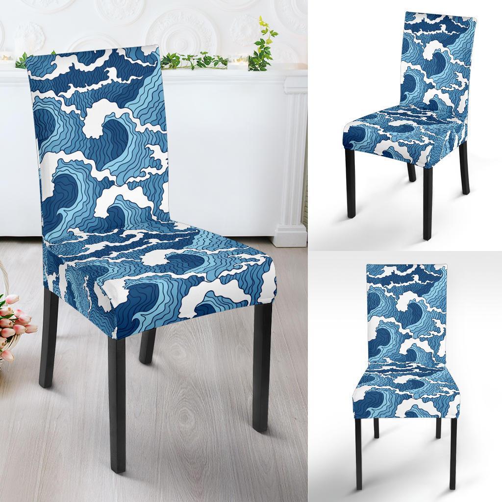 Wave Themed Pattern Print Dining Chair Slipcover-JTAMIGO.COM