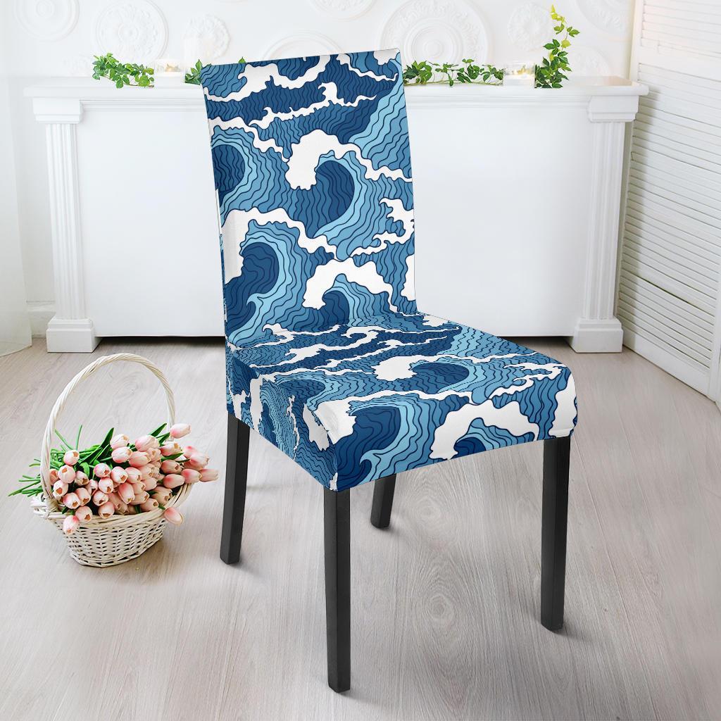 Wave Themed Pattern Print Dining Chair Slipcover-JTAMIGO.COM