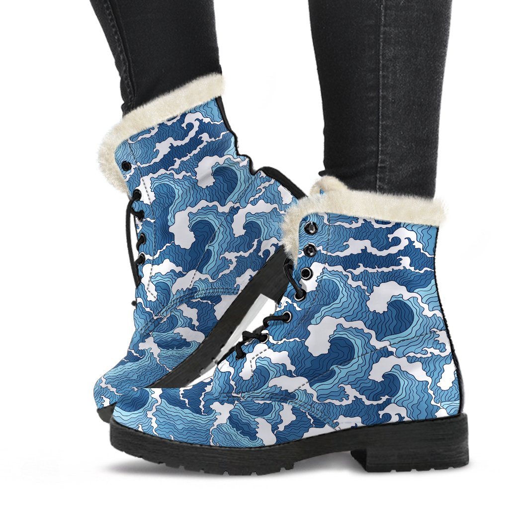 Wave Themed Pattern Print Faux Fur Leather Boots-JTAMIGO.COM