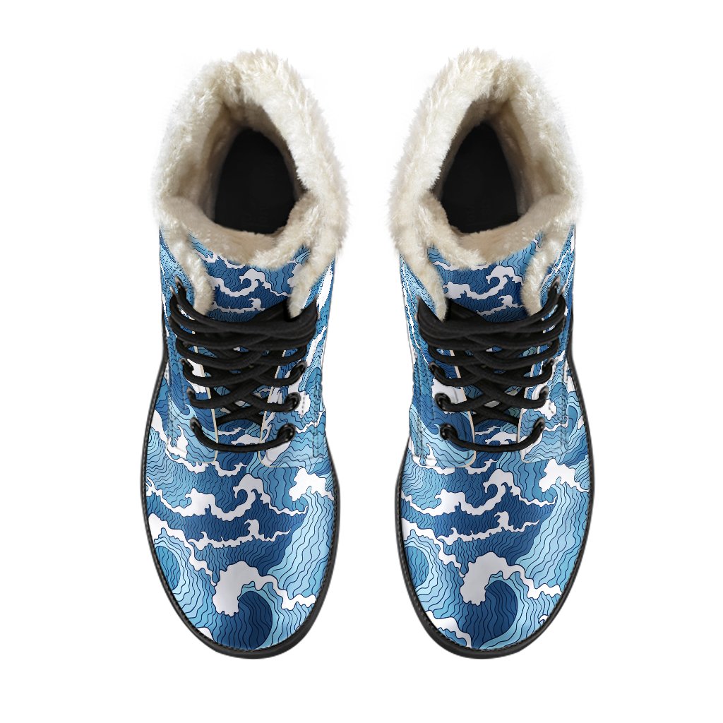 Wave Themed Pattern Print Faux Fur Leather Boots-JTAMIGO.COM