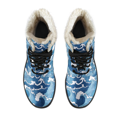 Wave Themed Pattern Print Faux Fur Leather Boots-JTAMIGO.COM