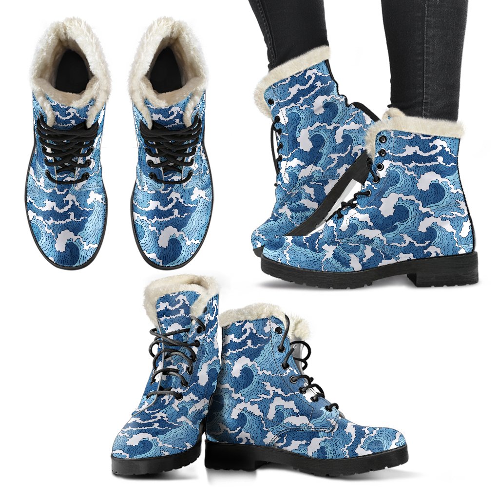 Wave Themed Pattern Print Faux Fur Leather Boots-JTAMIGO.COM