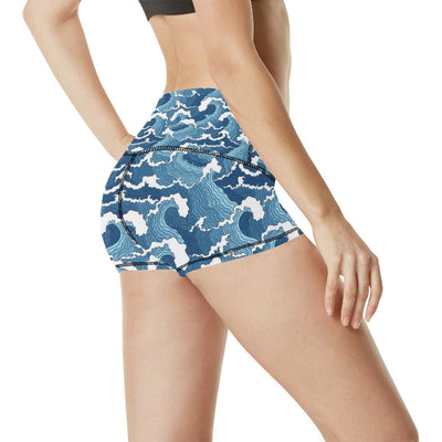 Wave Themed Pattern Print High Waisted Spandex Shorts-JTAMIGO.COM