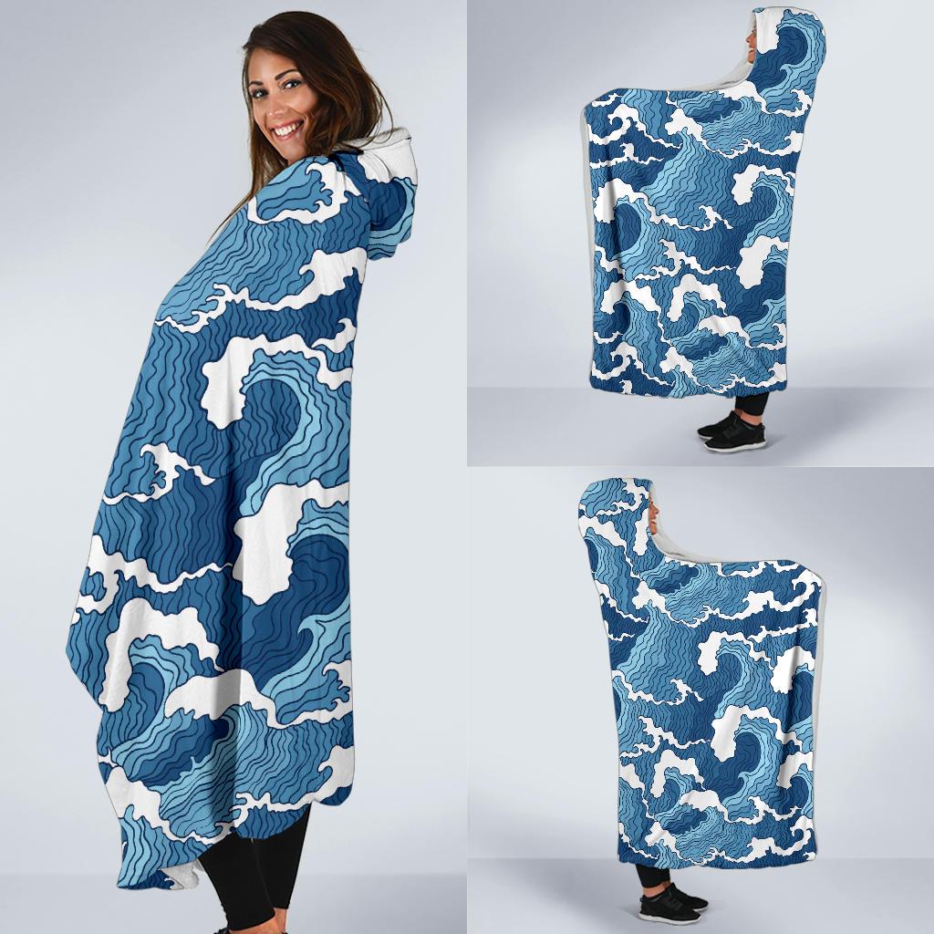Wave Themed Pattern Print Hooded Blanket-JTAMIGO.COM