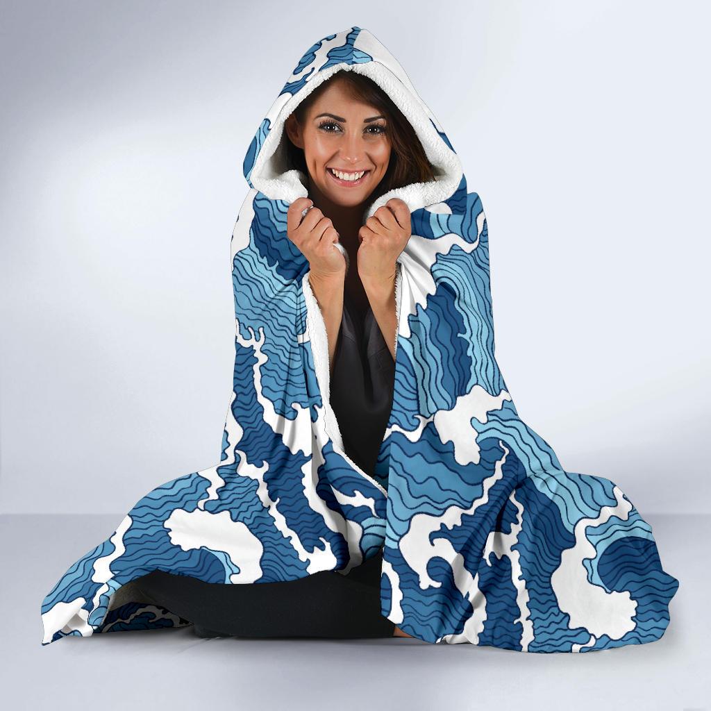Wave Themed Pattern Print Hooded Blanket-JTAMIGO.COM