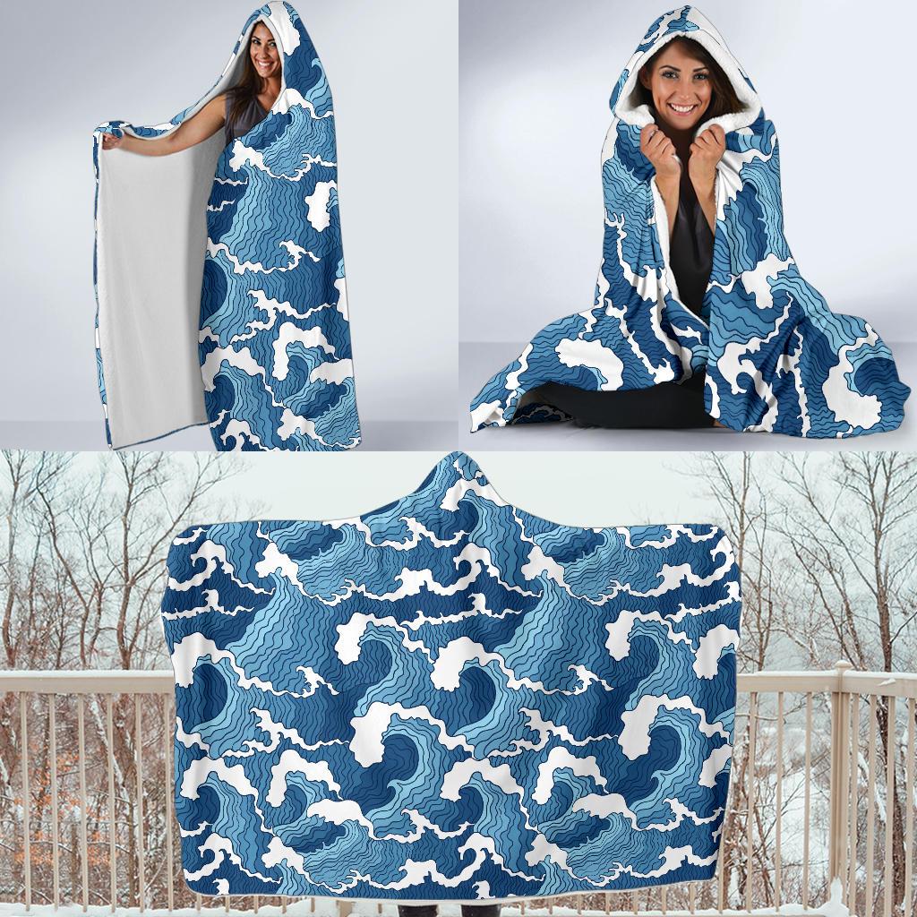 Wave Themed Pattern Print Hooded Blanket-JTAMIGO.COM