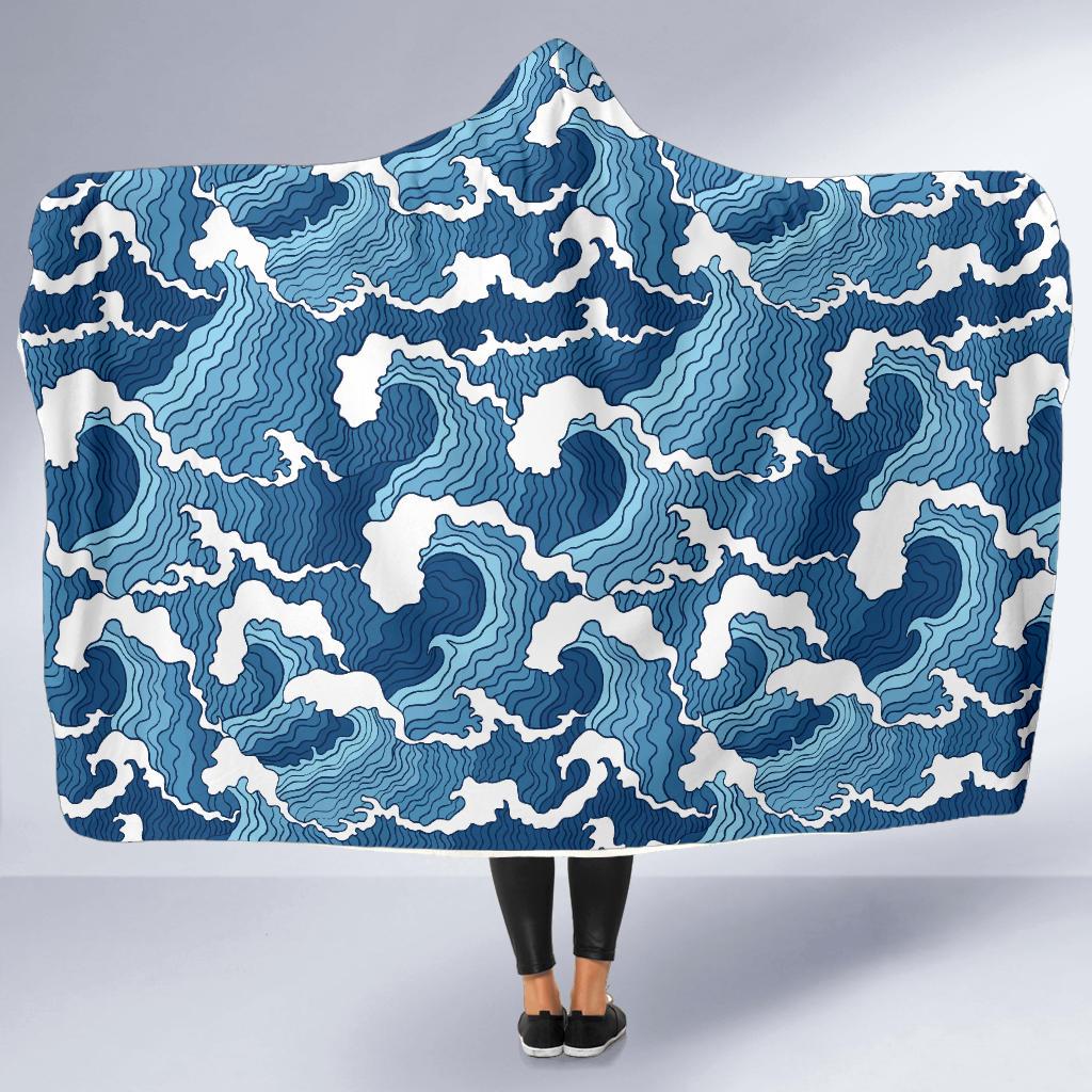 Wave Themed Pattern Print Hooded Blanket-JTAMIGO.COM