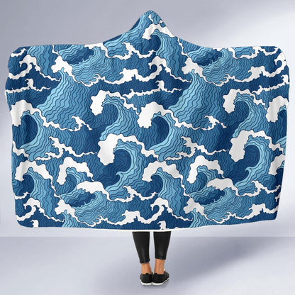 Wave Themed Pattern Print Hooded Blanket-JTAMIGO.COM
