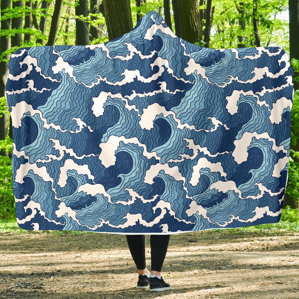 Wave Themed Pattern Print Hooded Blanket-JTAMIGO.COM