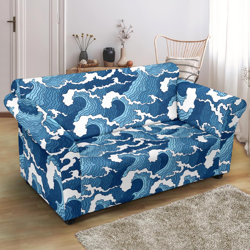 Wave Themed Pattern Print Loveseat Slipcover-JTAMIGO.COM