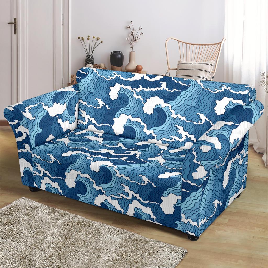 Wave Themed Pattern Print Loveseat Slipcover-JTAMIGO.COM