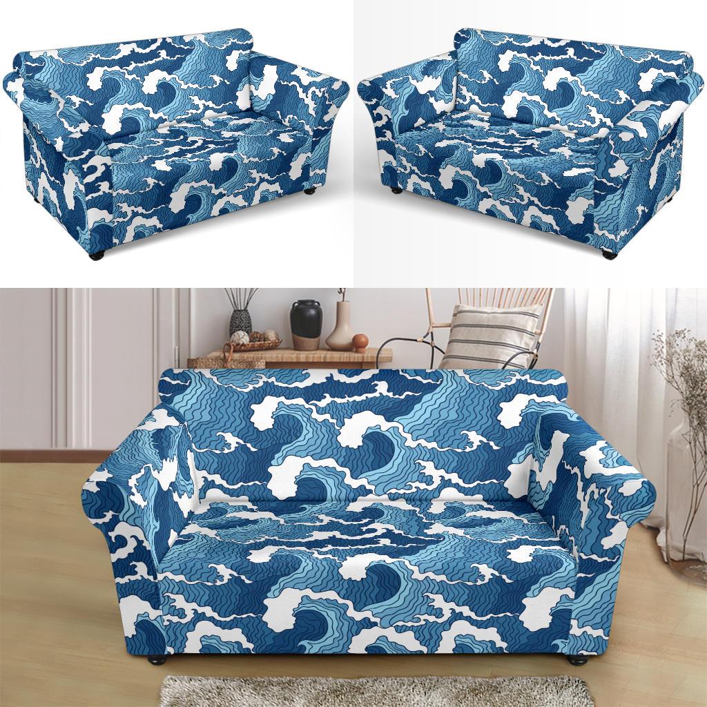 Wave Themed Pattern Print Loveseat Slipcover-JTAMIGO.COM
